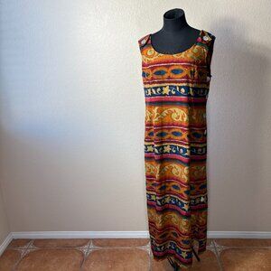 HBS LTD. Maxi Dress Size 12 Multi-Color Button Accents Zipper Sleeveless